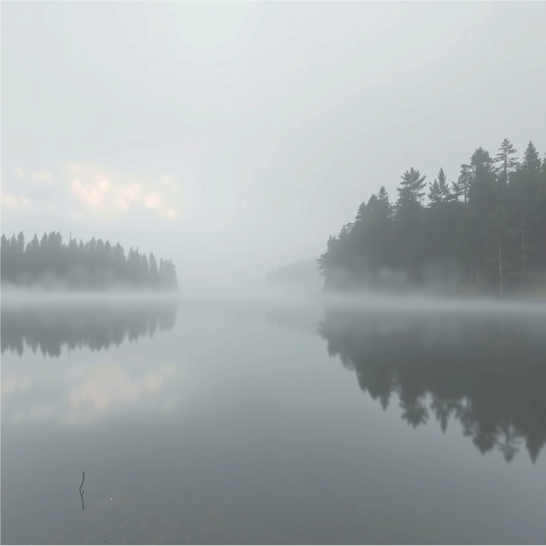 A serene lake surrounded by trees on a foggy day.