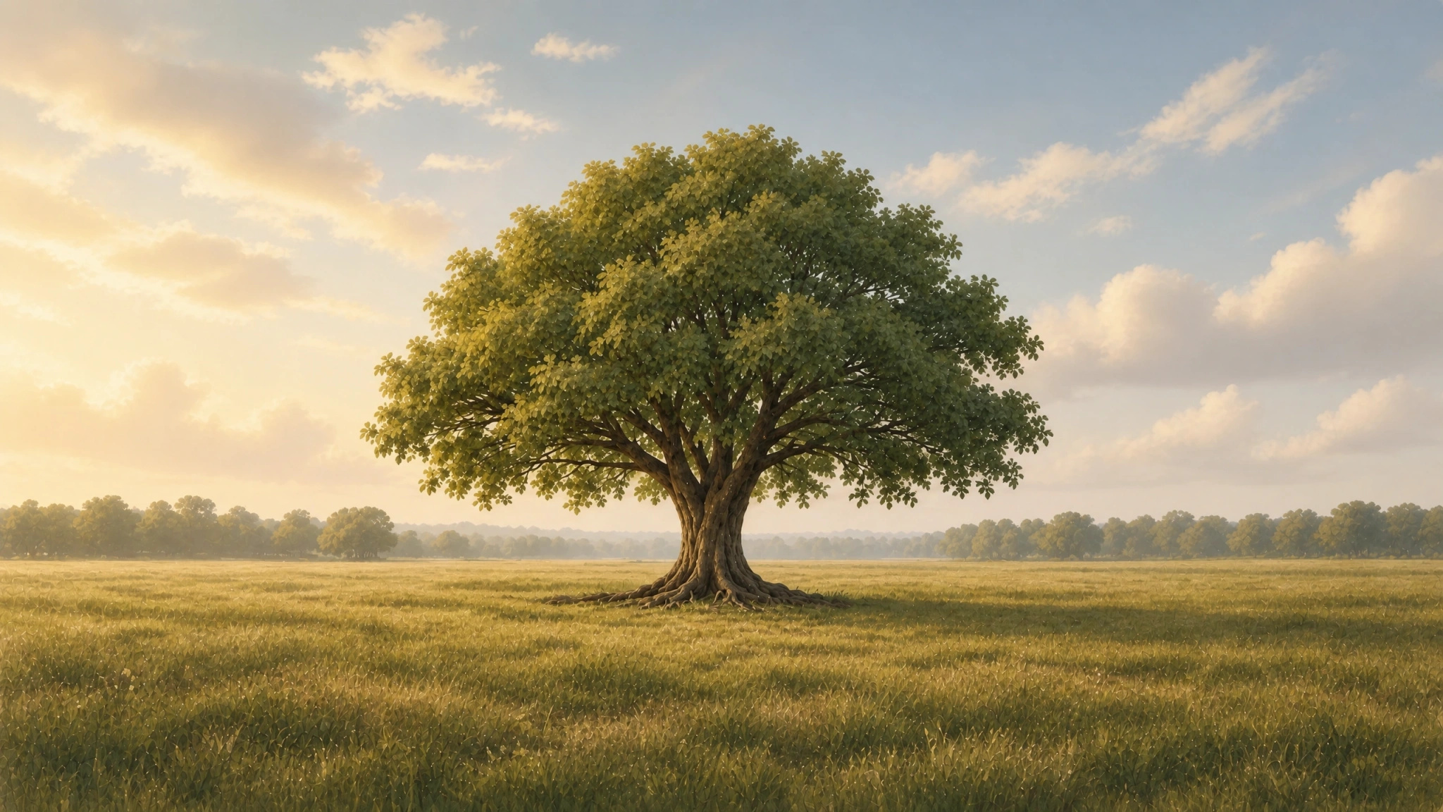 A large green tree standing alone in a sunlit field beneath a partly cloudy sky.