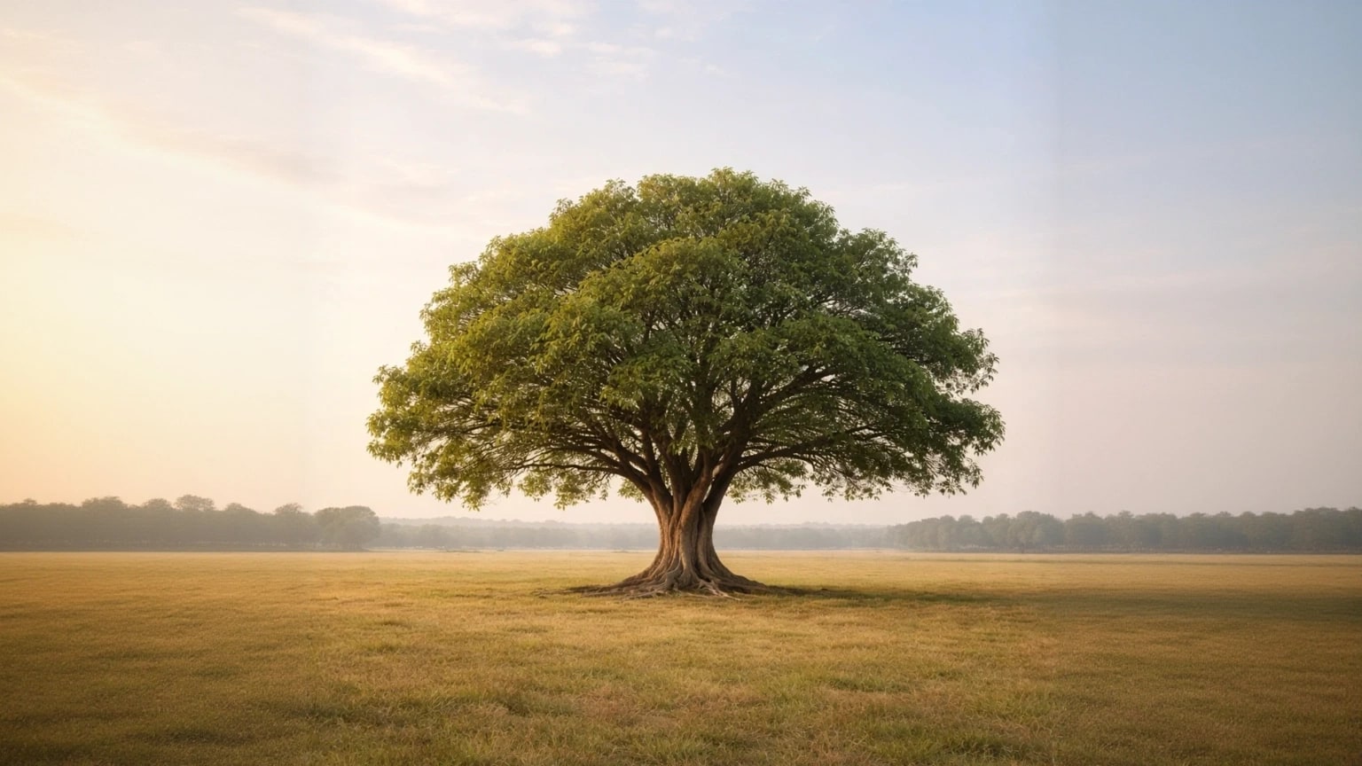 A wide green tree standing alone in a sunlit open field.