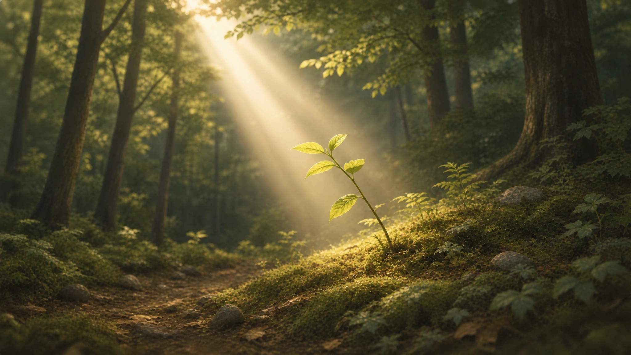 A young green sprout illuminated by a shaft of sunlight on a forest floor.