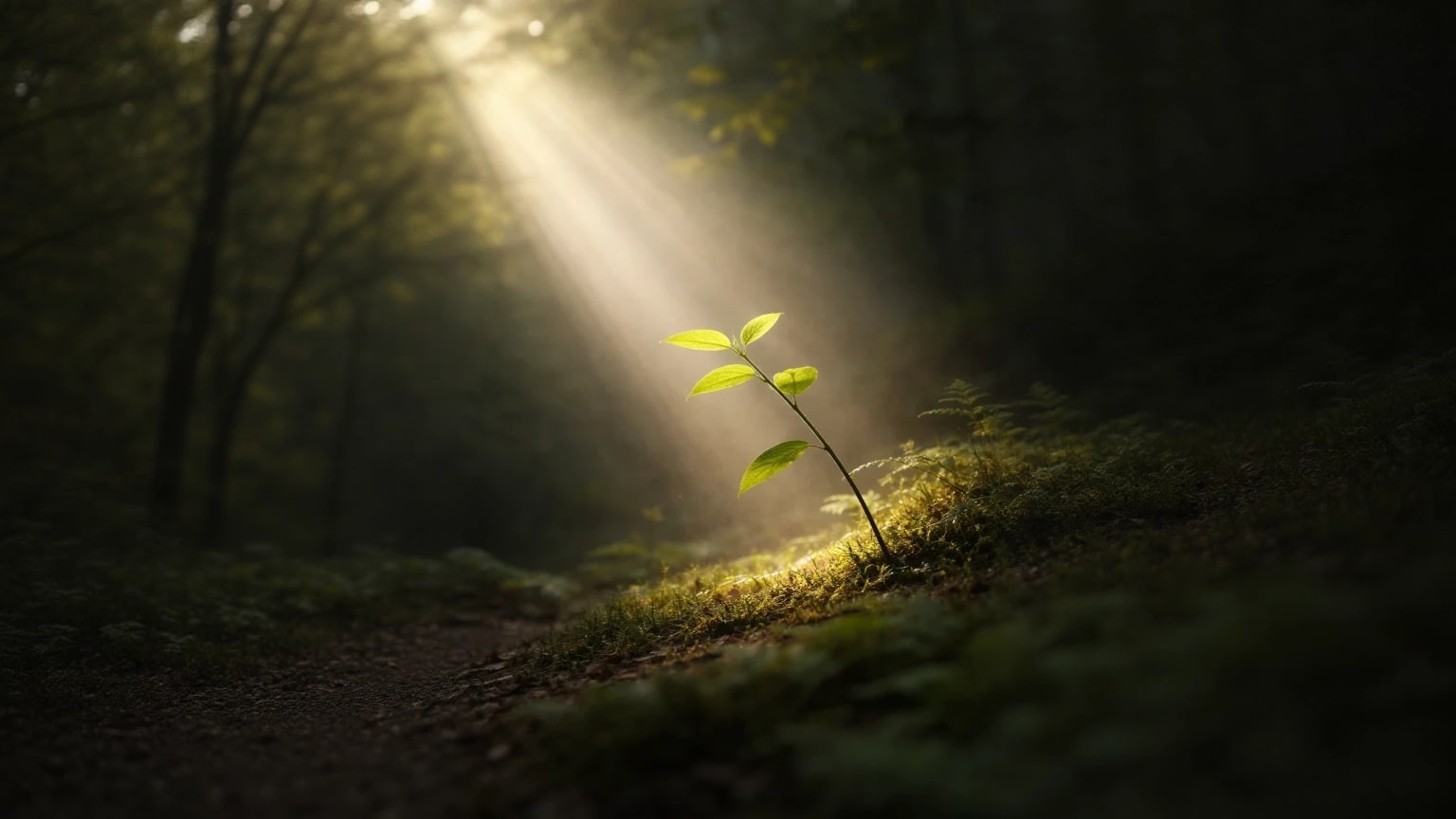 A small green sprout lit by a beam of sunlight on a dim forest floor.