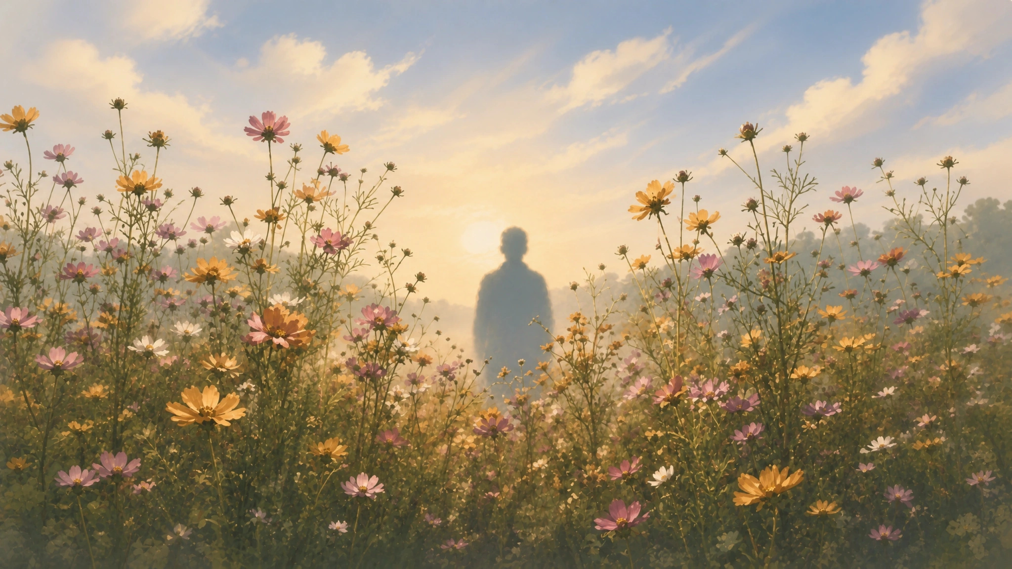 A solitary human silhouette standing among pink, yellow, and white wildflowers at sunrise.