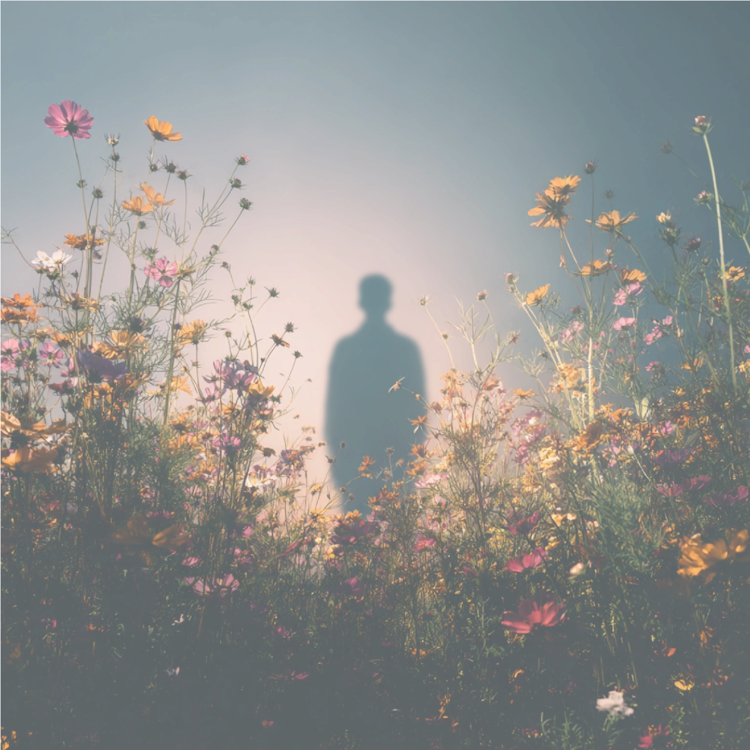 A silhouette of a person stands amidst colorful flowers against a gradient sky backdrop.