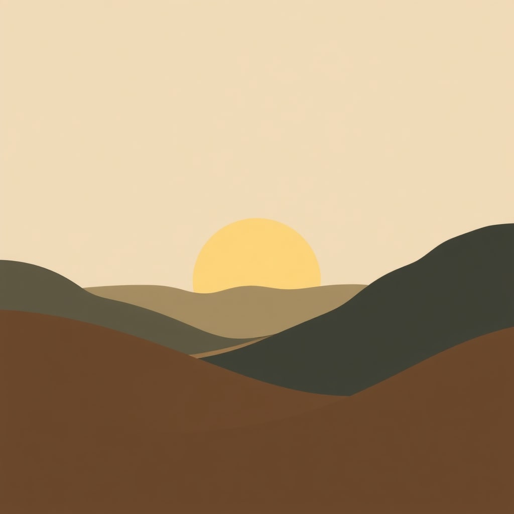 A simple illustration depicting a sunset over rolling hills in muted earth tones.