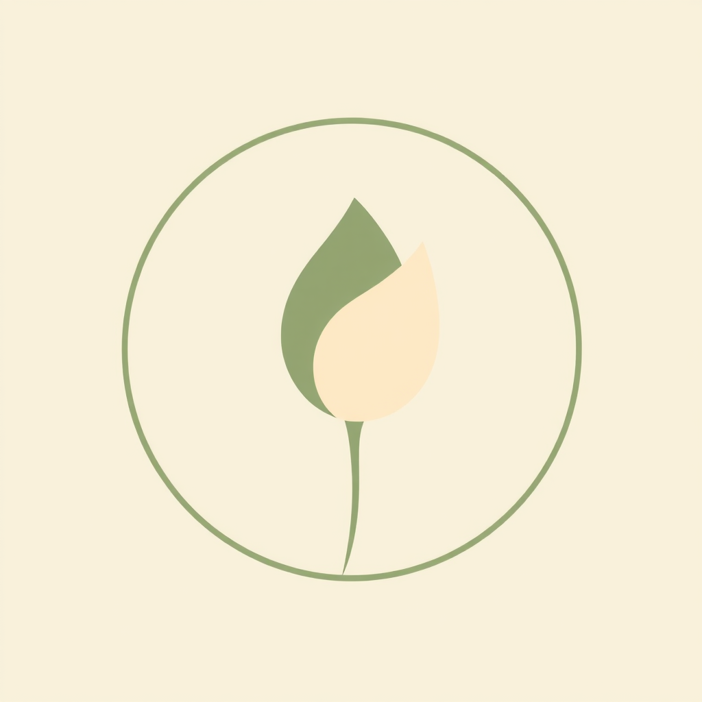 A stylized illustration featuring a leaf within a circular outline on a light background.
