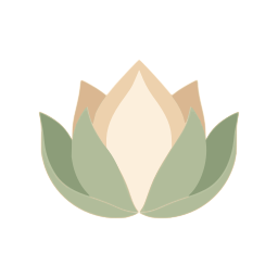 A stylized lotus flower in shades of beige and green.