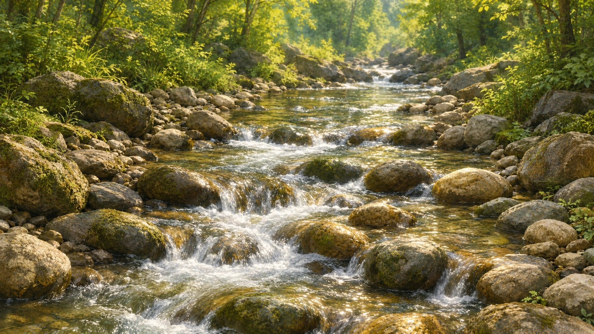 A sunlit rocky stream flowing through a lush green forest.