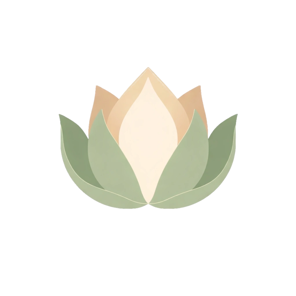 A stylized illustration depicting a lotus flower in shades of green and beige against a black background.