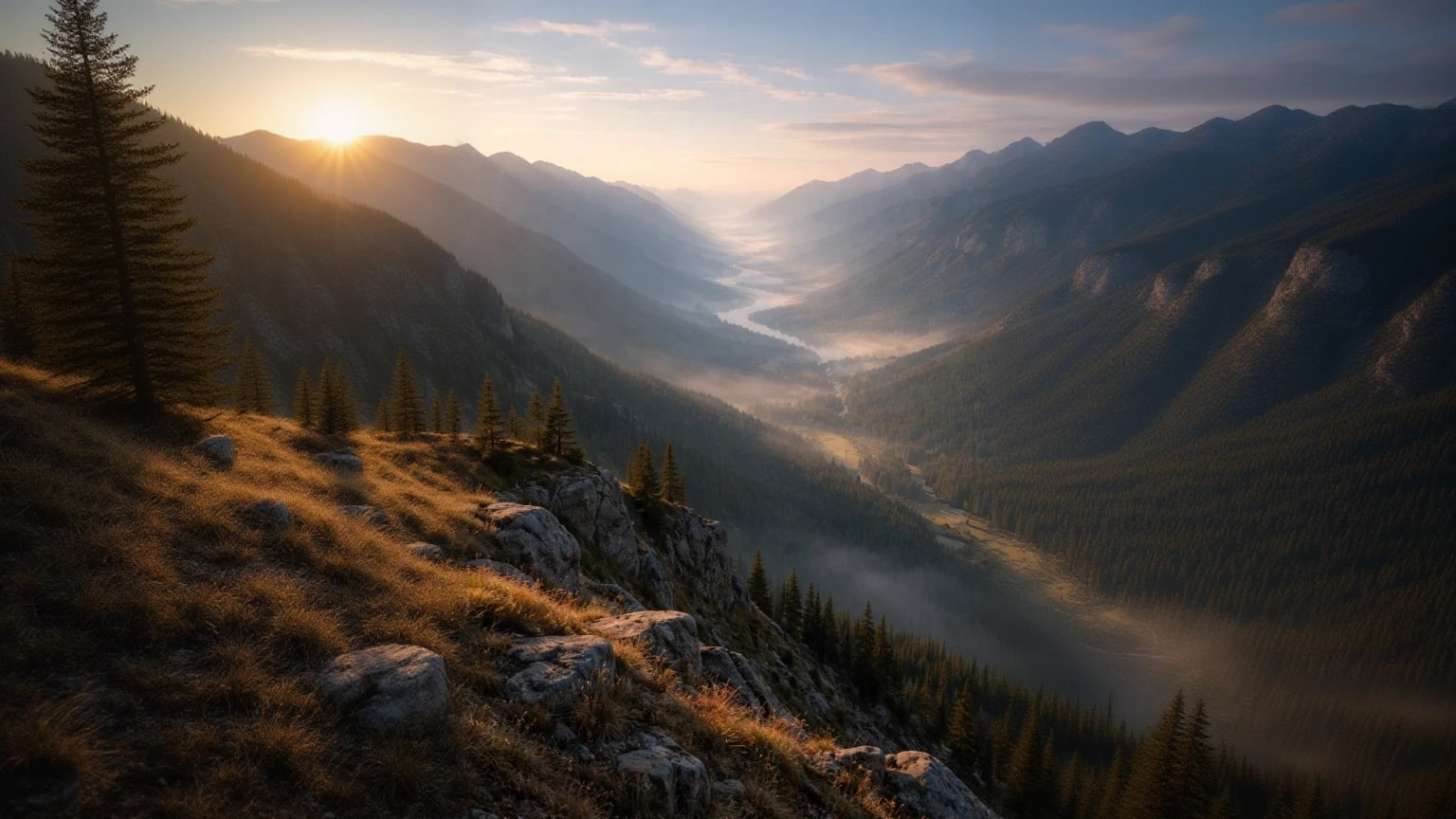 Sunrise over a long mountain valley with a river winding through mist below.