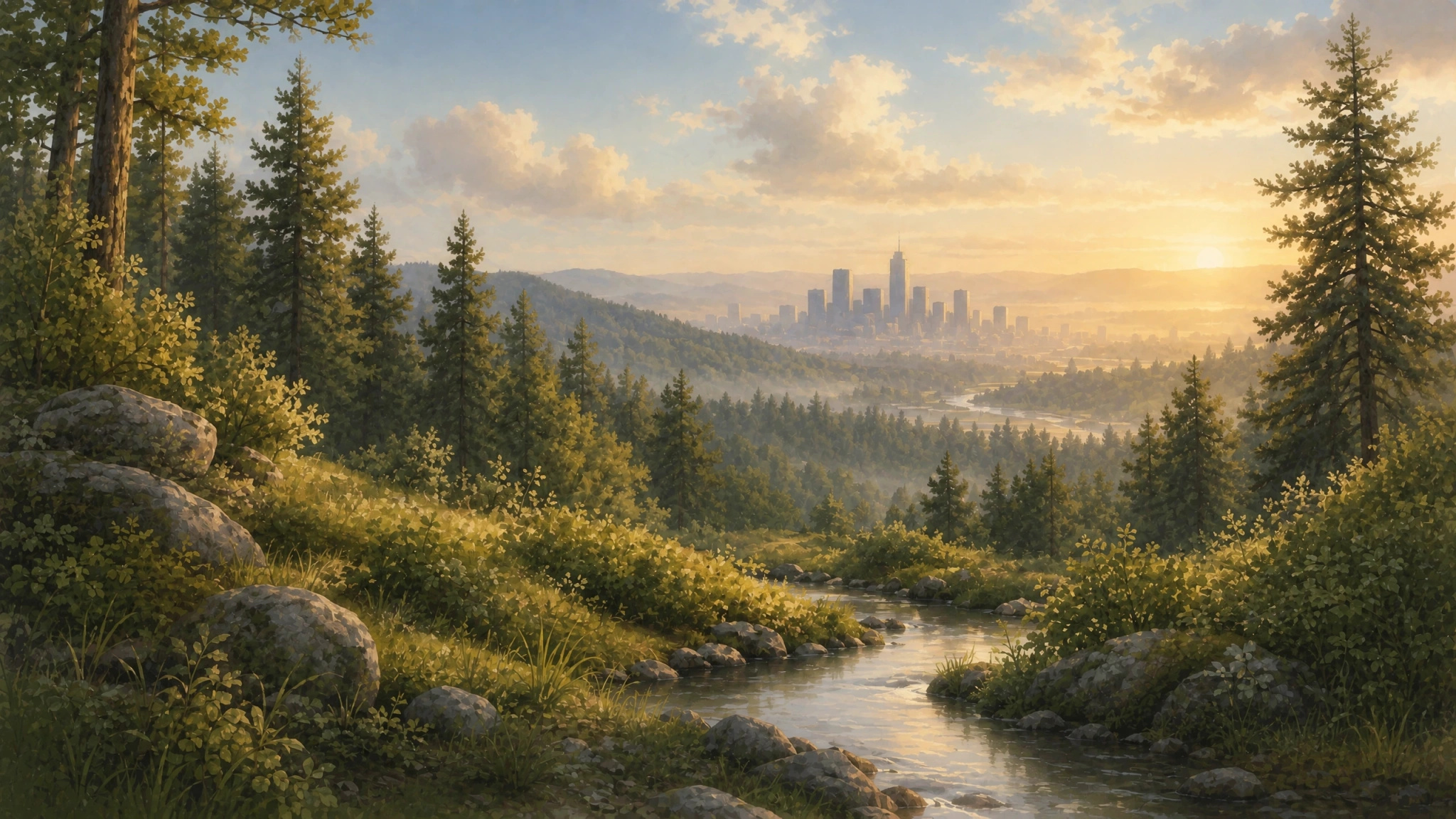 A forest stream flowing toward a distant city skyline at sunrise.