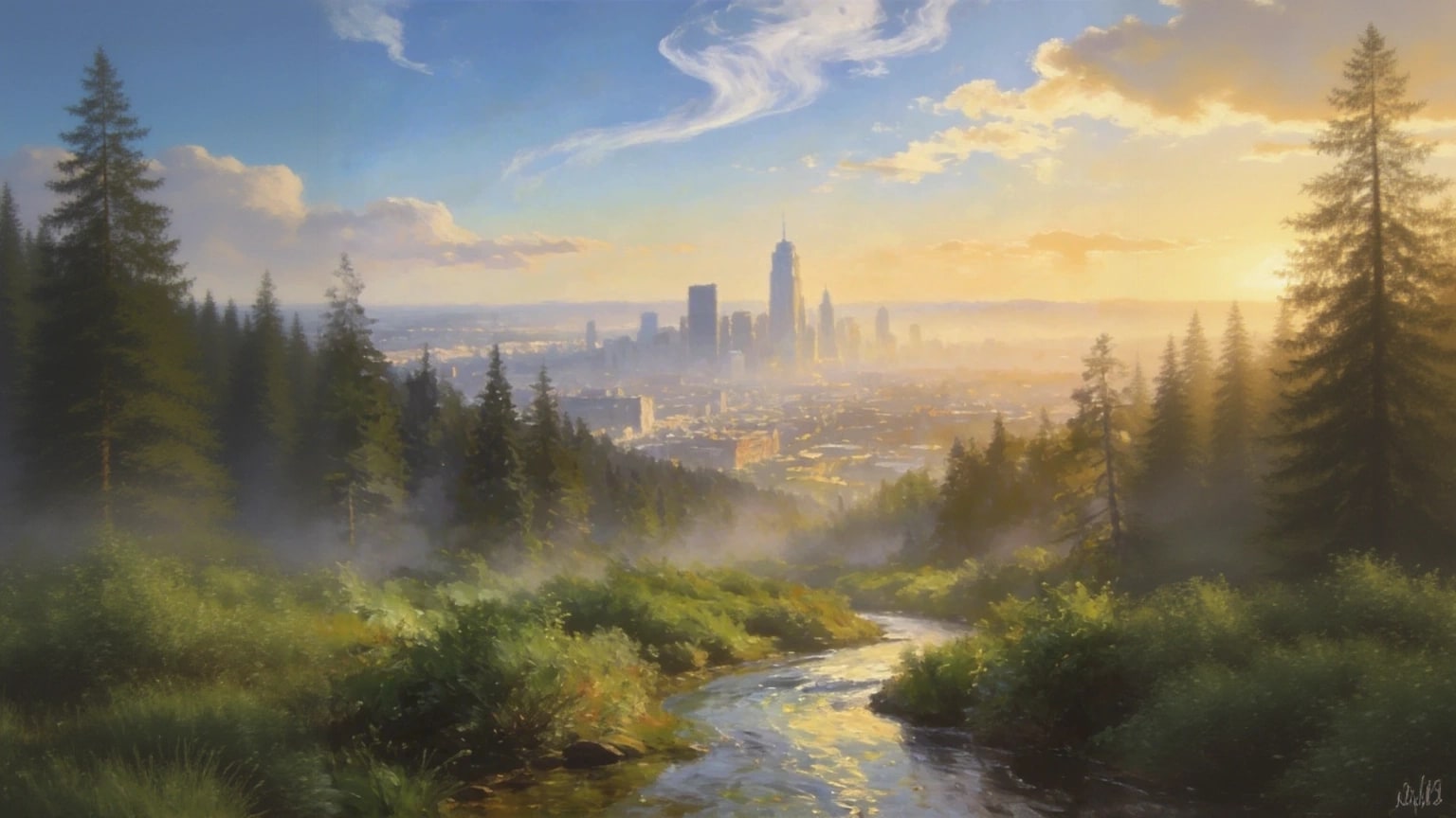 A sunlit stream descending through forest toward a distant city skyline.