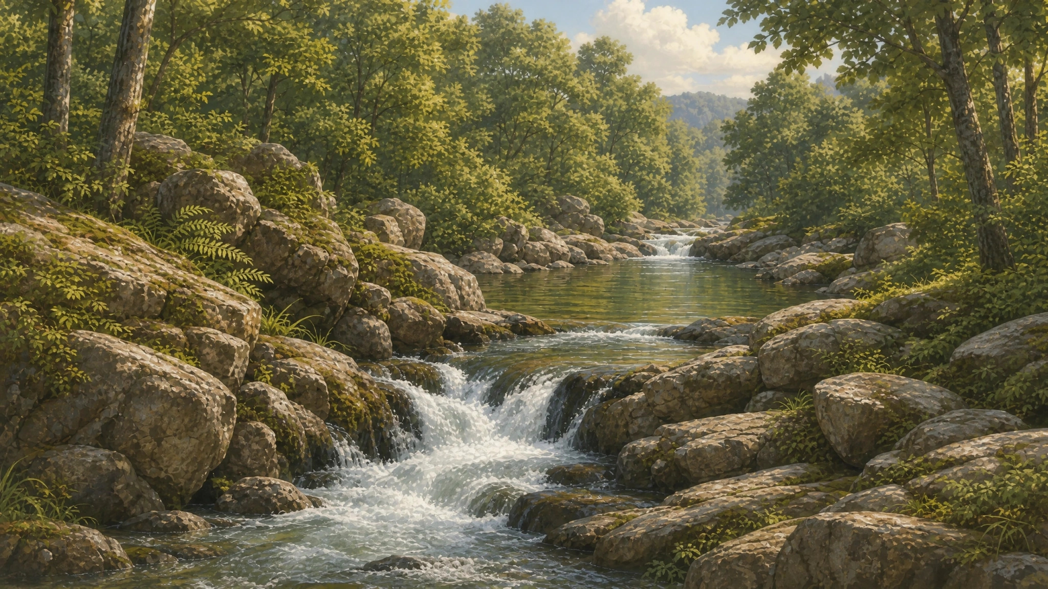A rocky forest stream cascading through lush green woodland.